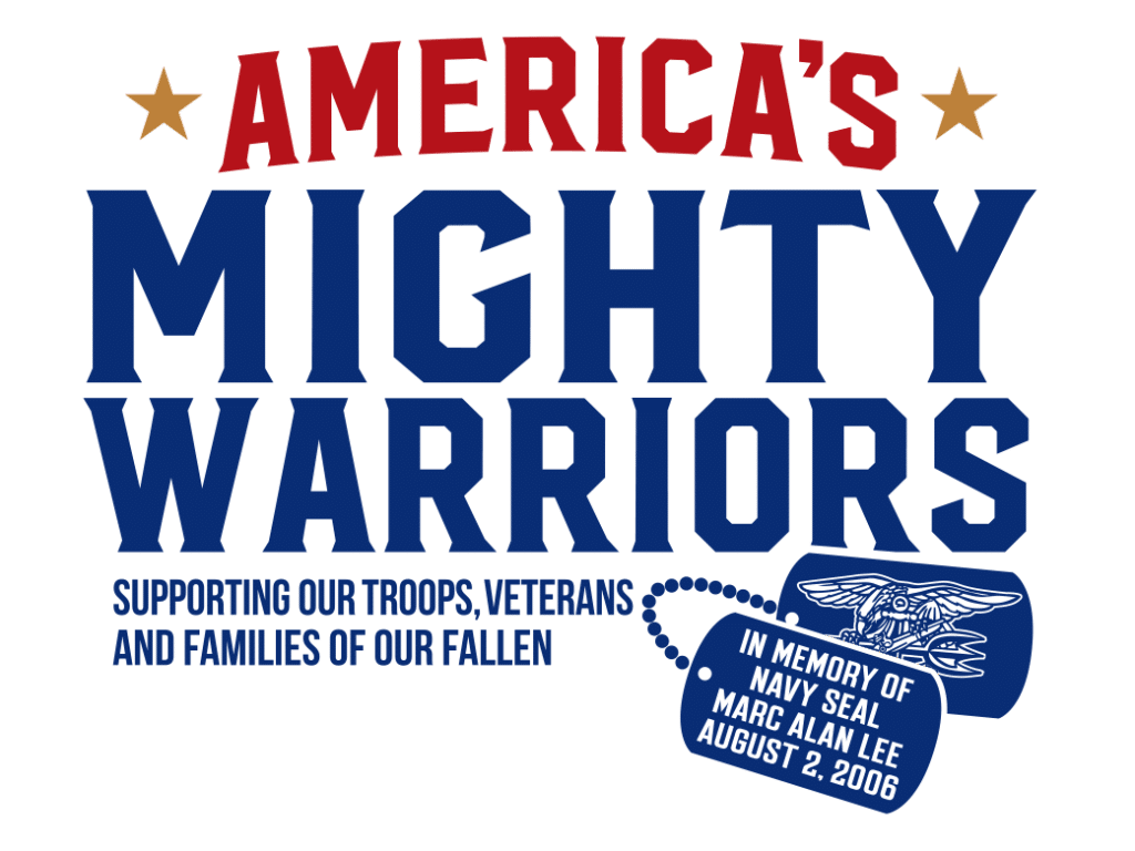 America's Mighty Warriors logo with text supporting troops, veterans, and families of the fallen, and a dog tag honoring Navy SEAL Marc Alan Lee, August 2, 2006.