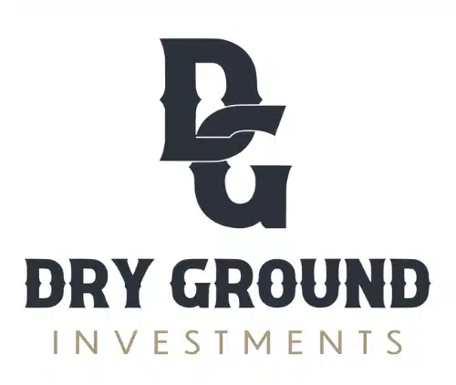 Logo for Dry Ground Investments featuring stylized overlapping letters "D" and "G" above the company name in bold black and gold text on a white background.