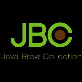Logo with green text "JBC" and "Java Brew Collection" below. The "C" in "JBC" has a brown circle in the center, suggesting a coffee theme. Black background.