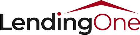 LendingOne logo with black and red text, featuring a red dot above the "i" and a stylized red roof design over the "n" and "O.
