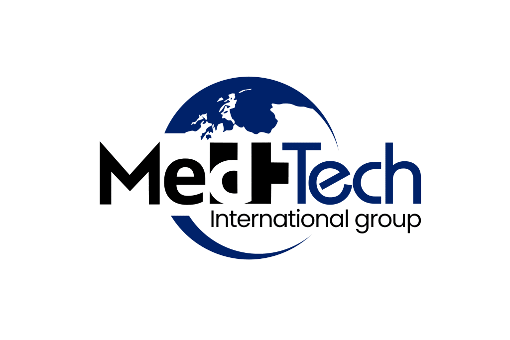 MedTech International Group logo with stylized text and a blue globe graphic in the background.