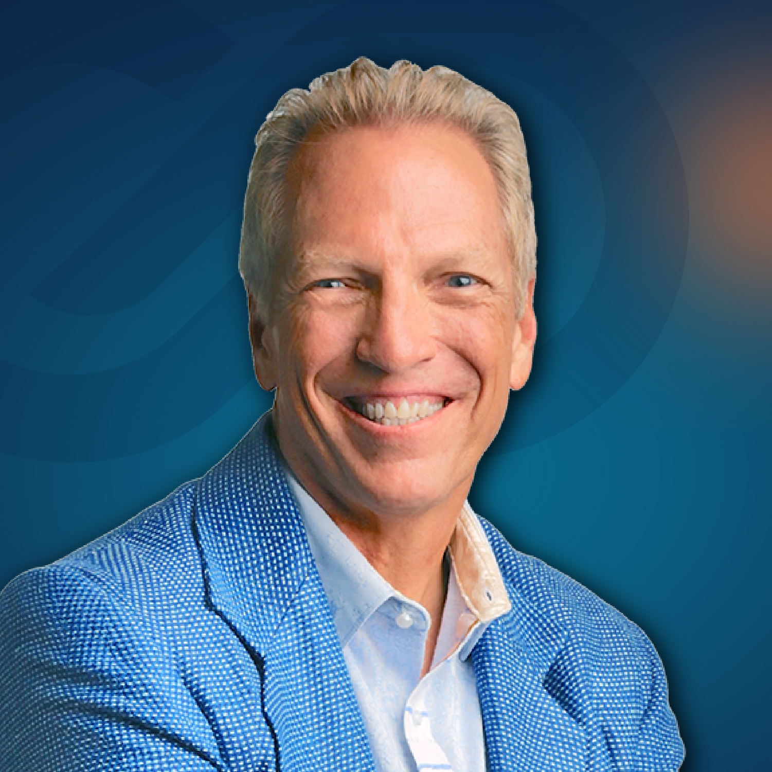 Smiling man with short gray hair wearing a light blue jacket and white shirt, posed against a blue gradient background with a subtle abstract pattern.