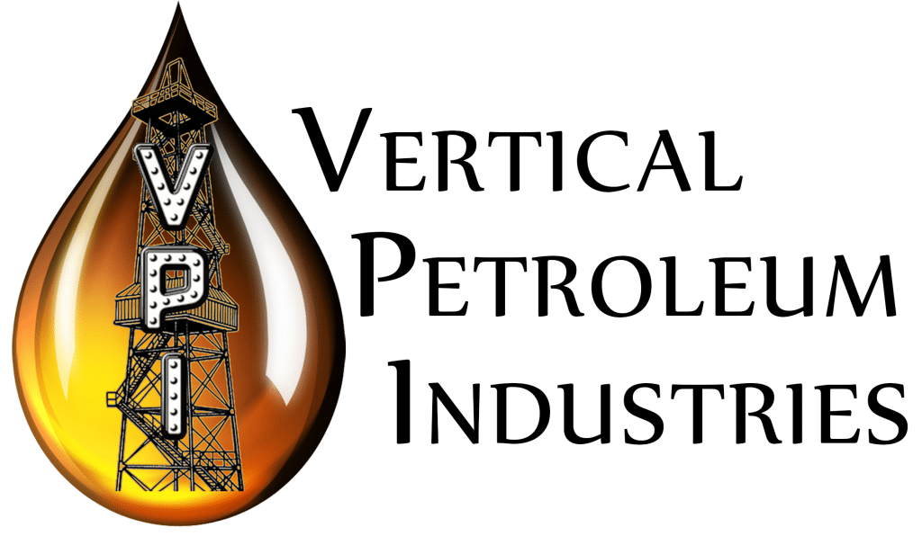 A brown oil drop with an oil rig inside and the letters "VPI"; text reads "Vertical Petroleum Industries.