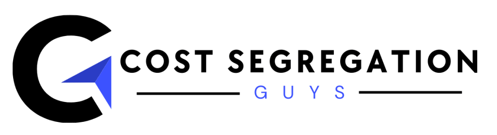 Cost Segregation Guys logo with a large black "C" and blue arrowhead, followed by the company name in black and blue text on a light background.