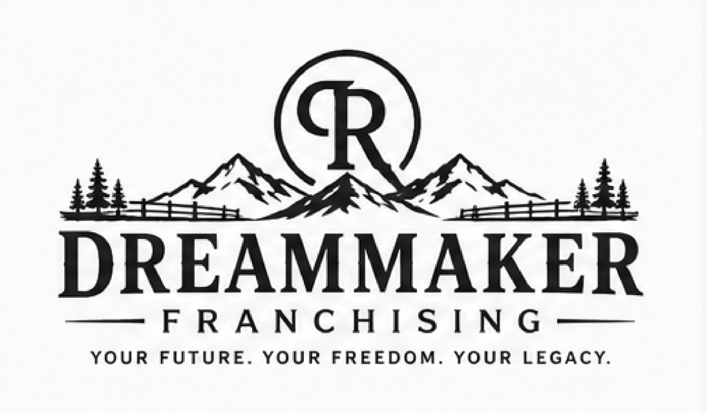 Logo for DreamMaker Franchising featuring mountains, trees, and the letters "CR" above the company name, with the tagline "Your Future. Your Freedom. Your Legacy.