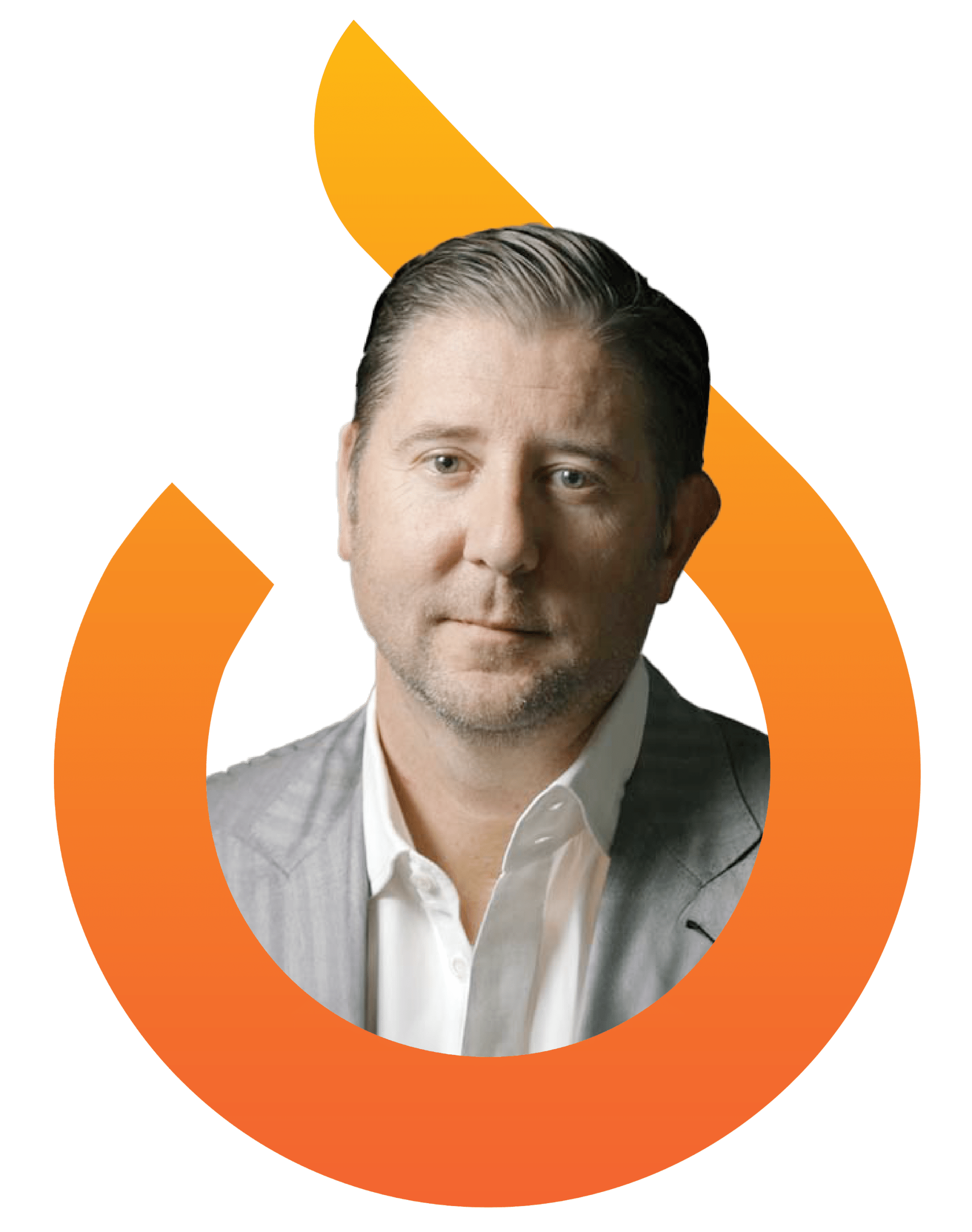 A man in a grey suit and white shirt is centered within an orange flame-shaped graphic on a white background.