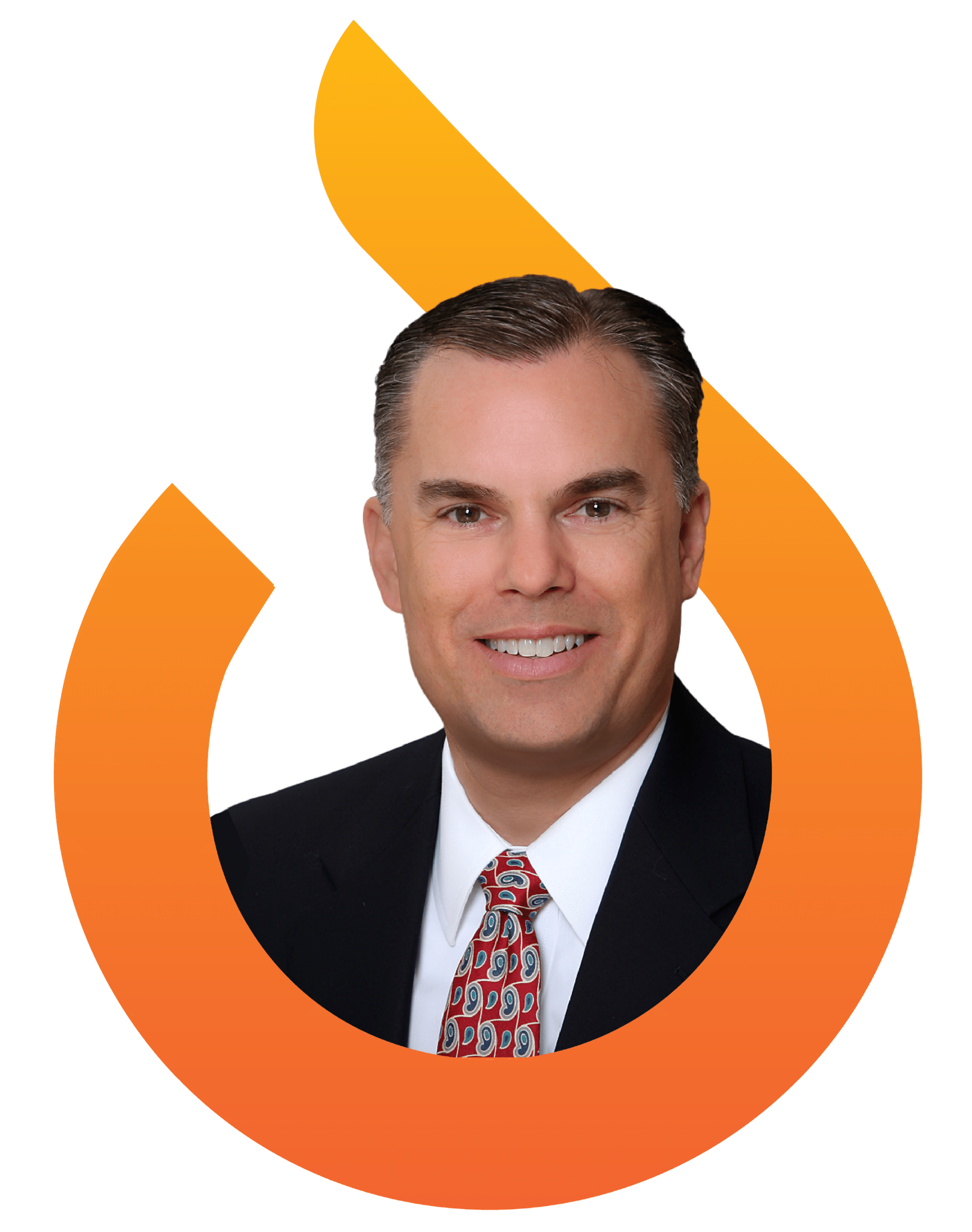 A man in a suit and patterned tie is smiling, positioned within an orange and yellow flame-shaped graphic.