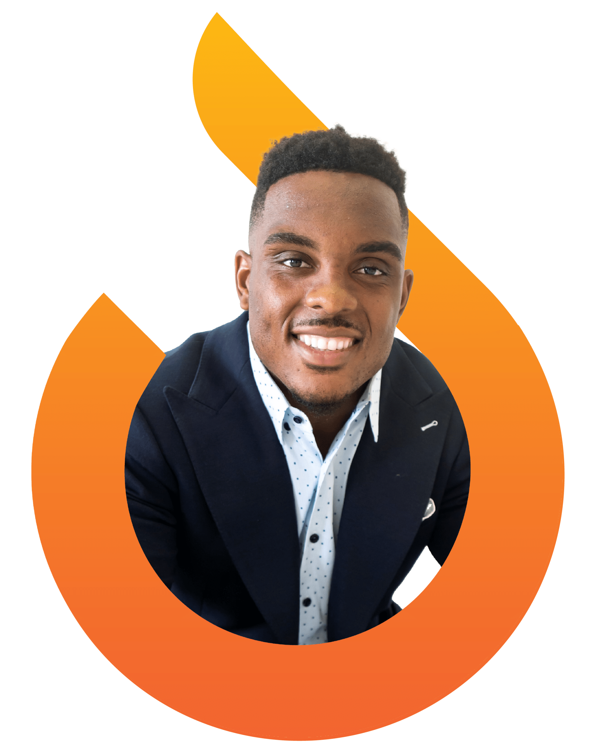 A man in a dark blazer and polka dot shirt smiles at the camera, framed by an orange gradient graphic design element.