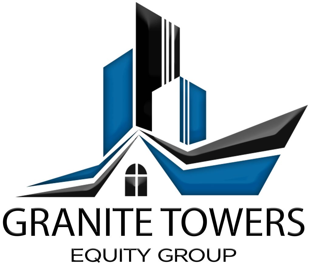Logo for Granite Towers Equity Group featuring stylized blue and black buildings above a roof with a window, and the company name in bold text below.