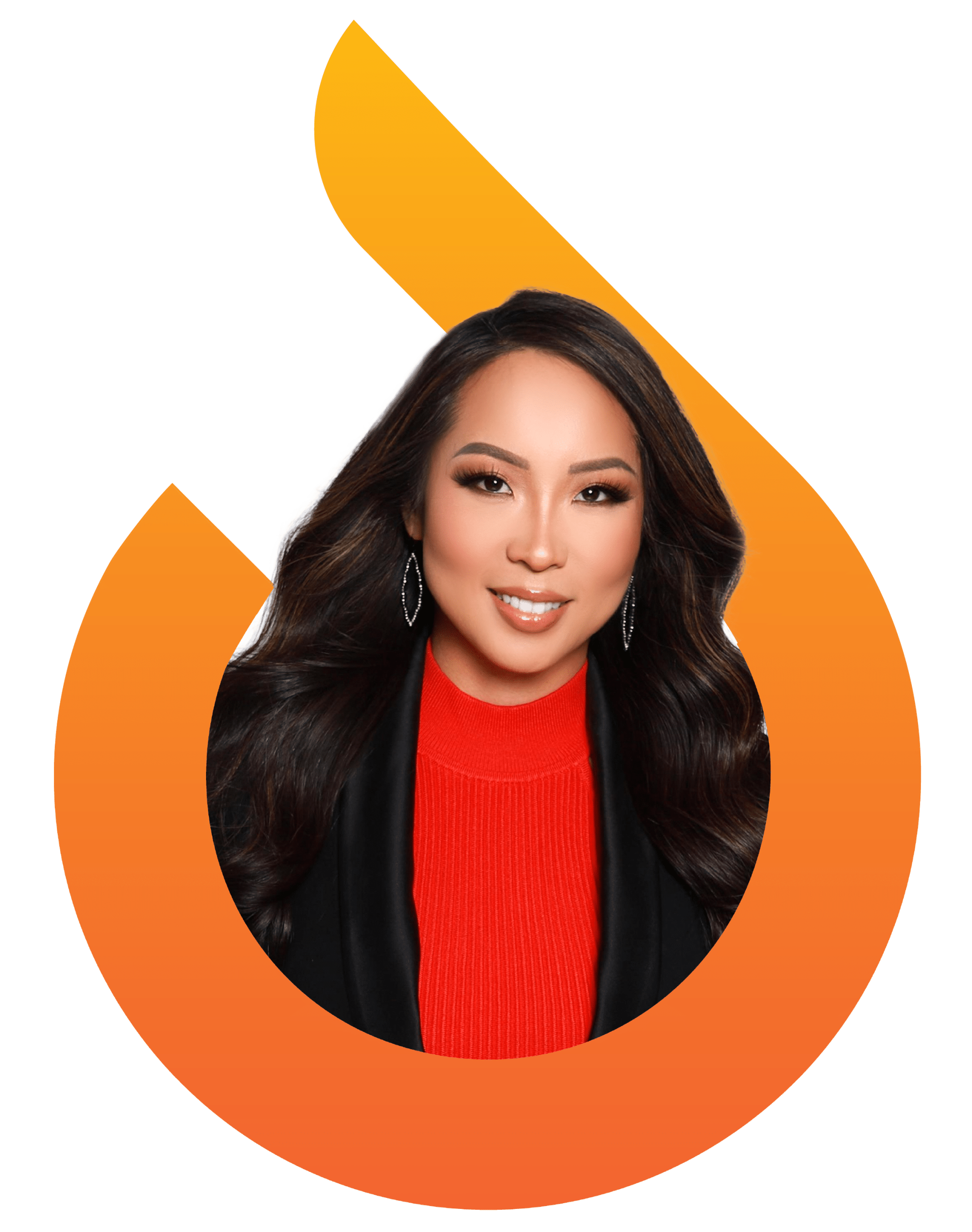 A woman with long dark hair and a red top is centered inside an orange and yellow abstract flame-shaped graphic.