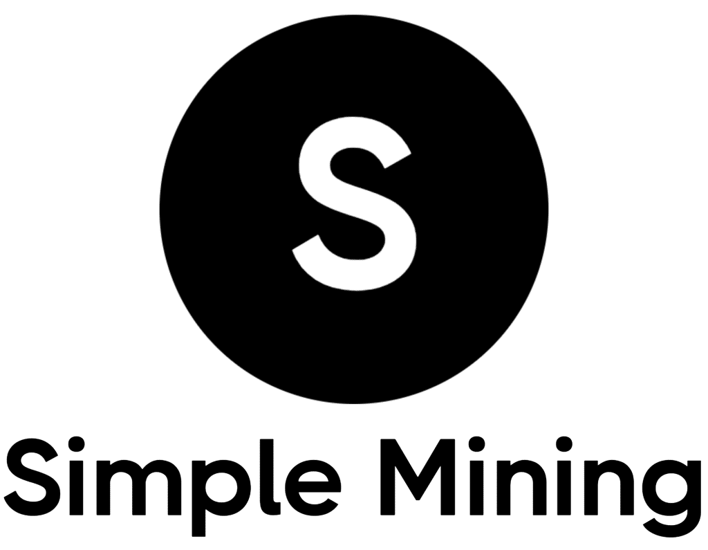 Black circle with a white letter "S" in the center, above the bold text "Simple Mining" in black on a white background.