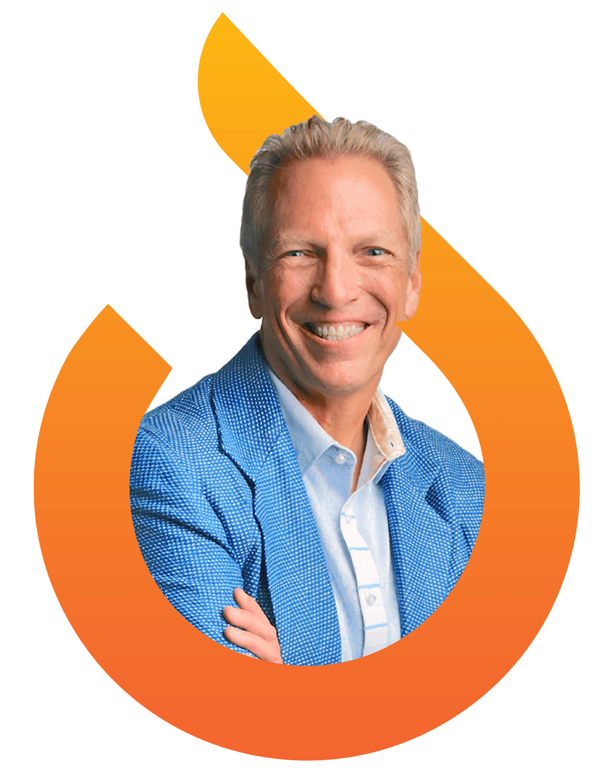 Smiling man in a blue blazer, arms crossed, inside an orange swirl graphic on a white background.