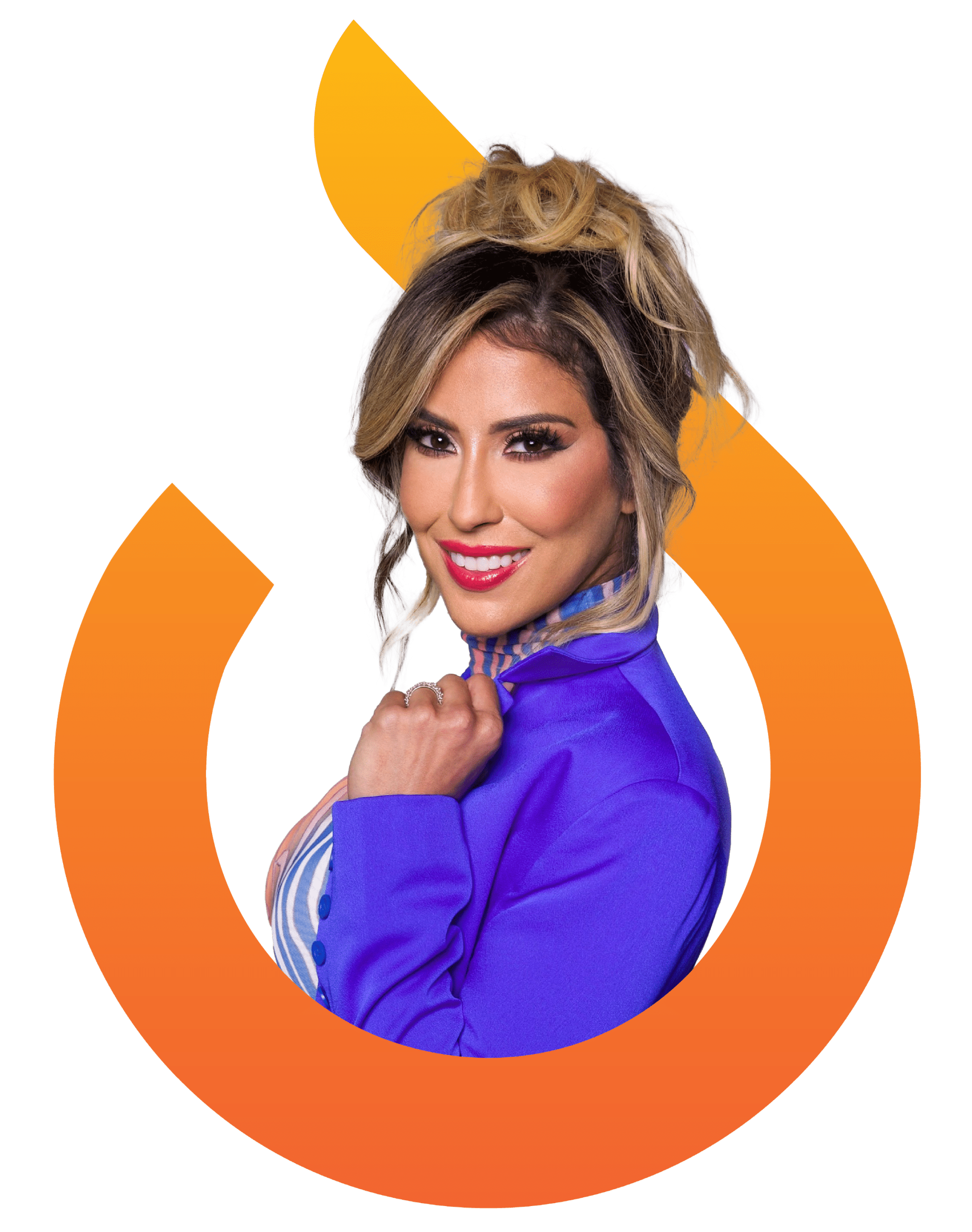 A woman with long, highlighted hair in an updo, wearing a blue jacket, stands in front of an orange circular logo with a flame-like shape.