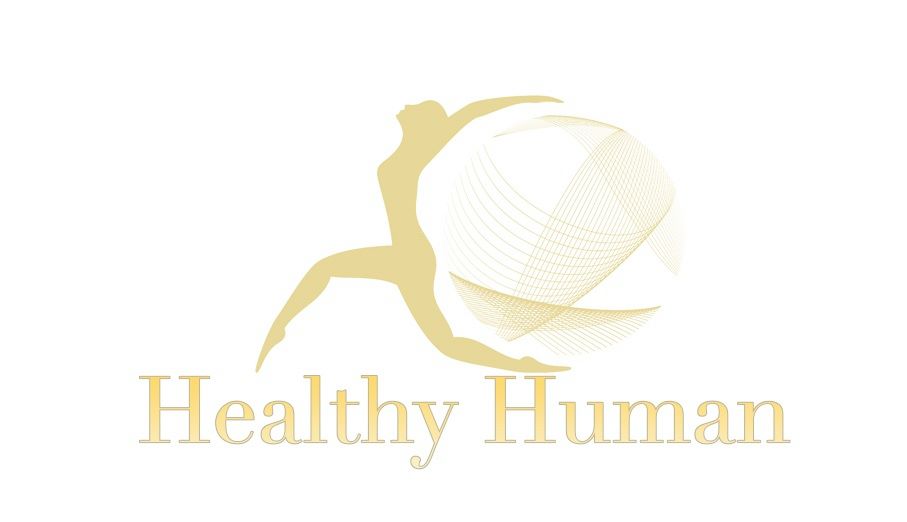 Gold silhouette of a person in a dynamic pose with abstract globe lines behind, above the text "Healthy Human" in gold on a white background.