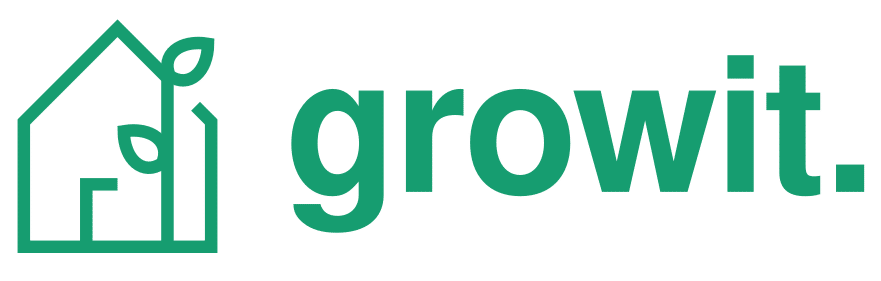 Green "growit." text with a stylized house outline featuring two leaves, suggesting a focus on home gardening or plant growth.