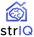 Logo with a blue outline of a house containing a brain and an upward arrow, above the text "strIQ" with "IQ" in blue.