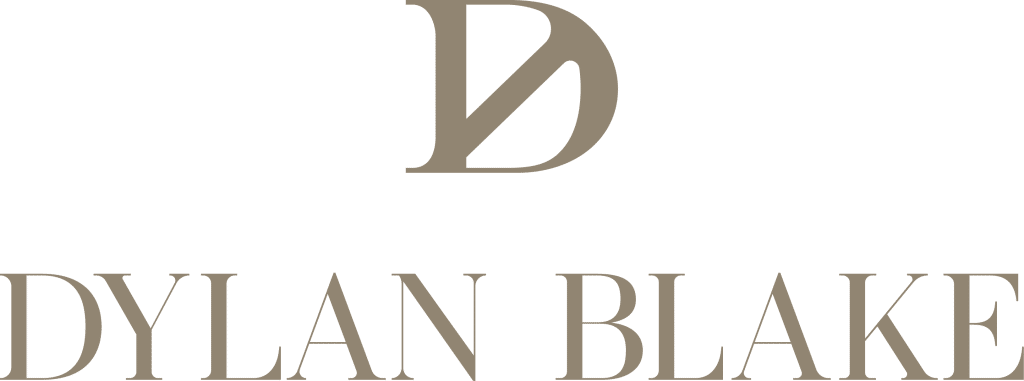 Logo with overlapping "D" and "B" monogram above the name "DYLAN BLAKE" in large, serif capital letters, all in a taupe color on a light background.