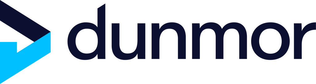 The image shows the Dunmore logo with a blue and black geometric arrow shape followed by the word “dunmor” in bold, dark letters.