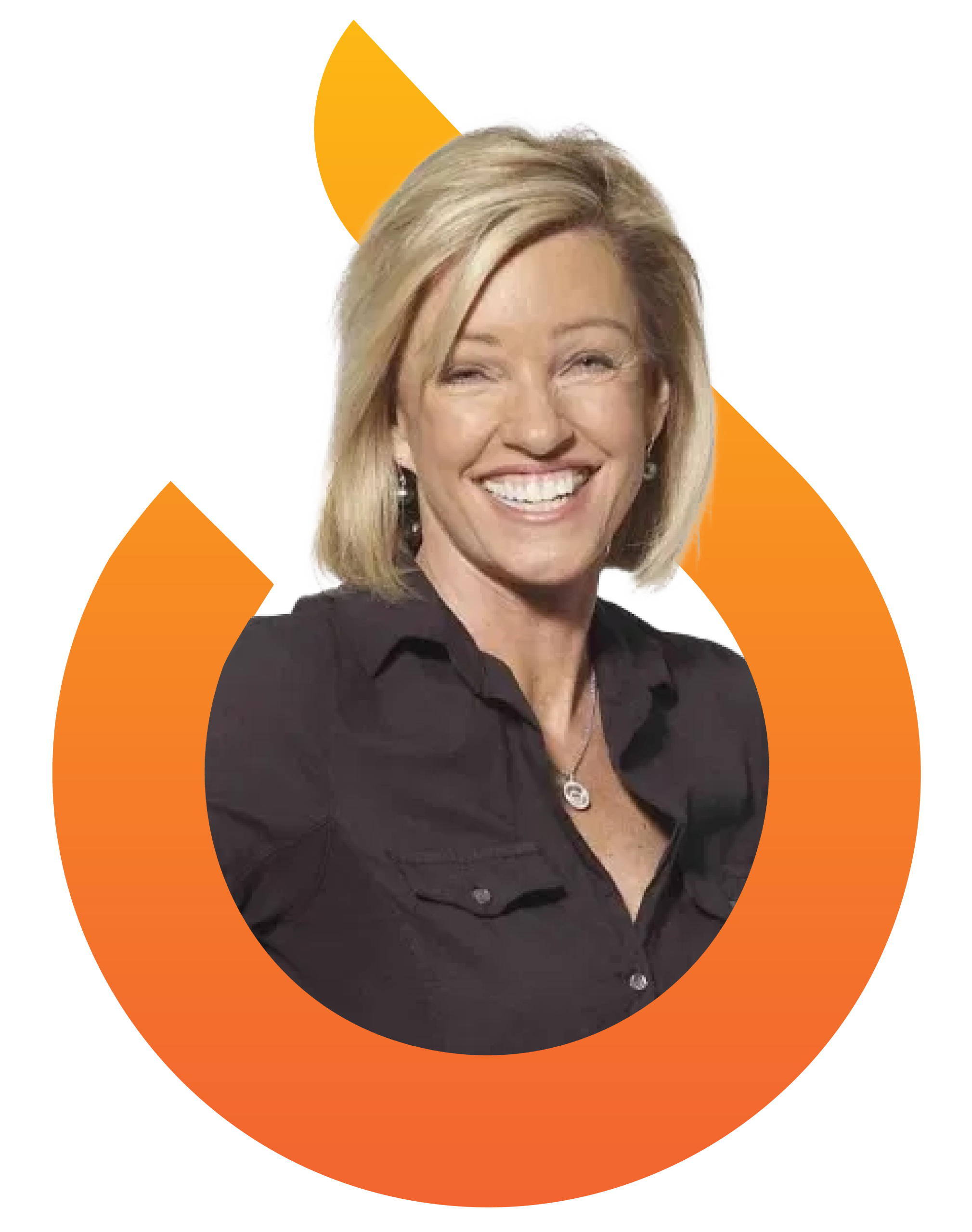Smiling woman with blonde hair in a black shirt, framed by an orange, flame-like circular graphic on a white background.
