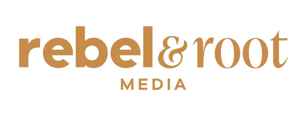 Rebel & Root Media logo with text in bold, gold-colored font on a light background.