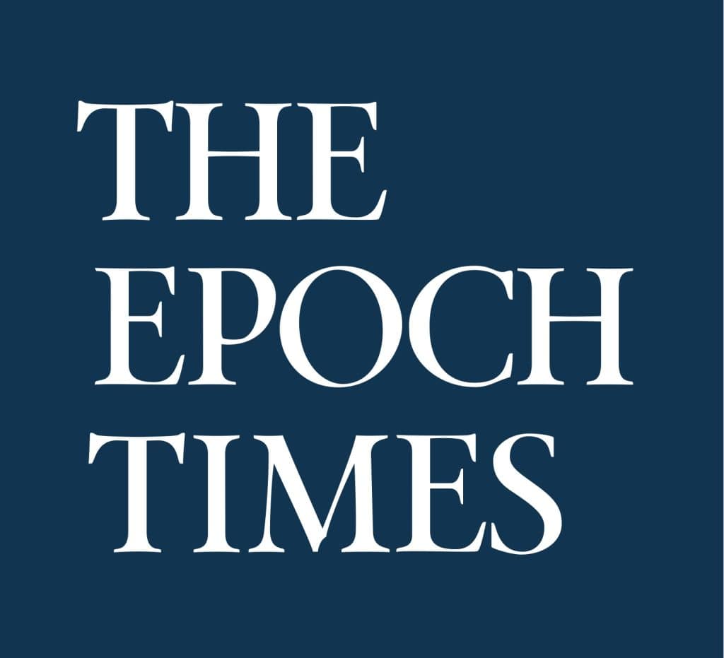 White text on a dark blue background reads "THE EPOCH TIMES" in a serif font, arranged in three centered lines.