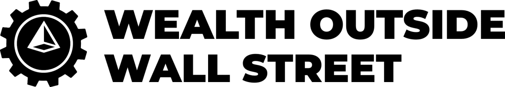 Black gear icon with a triangular symbol inside followed by bold black text reading "Wealth Outside Wall Street" on a light background.