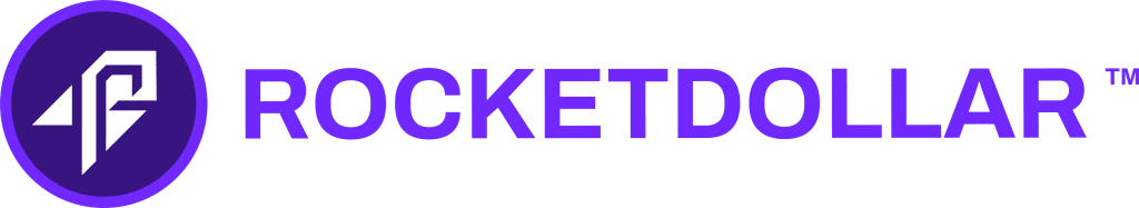 Rocket Dollar logo with a stylized white "R" inside a purple circle, followed by the company name "ROCKETDOLLAR" in bold purple uppercase letters.