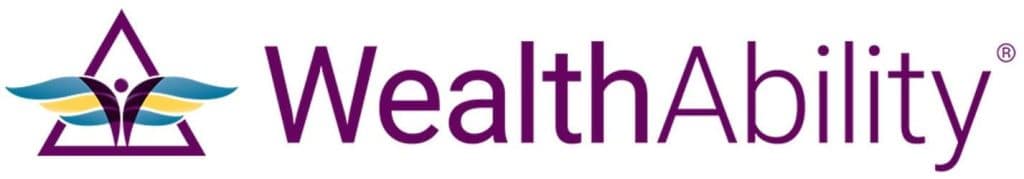 WealthAbility logo with a purple name and a triangular symbol featuring abstract human figures and blue, yellow, and gray wings.