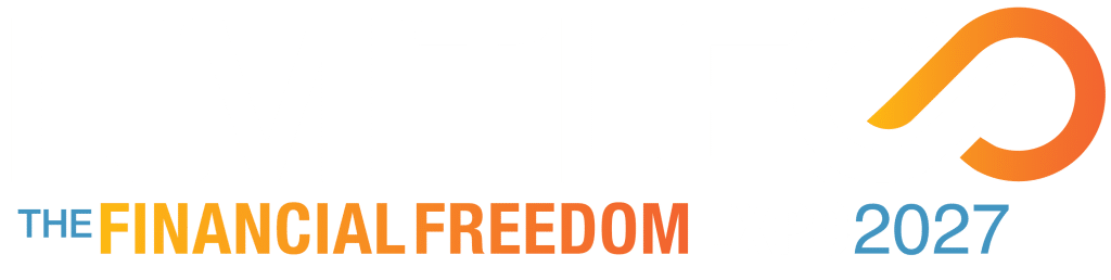 LIMITLESS: The Financial Freedom Expo 2027 logo with a large gradient infinity symbol, white background, and blue and orange text.